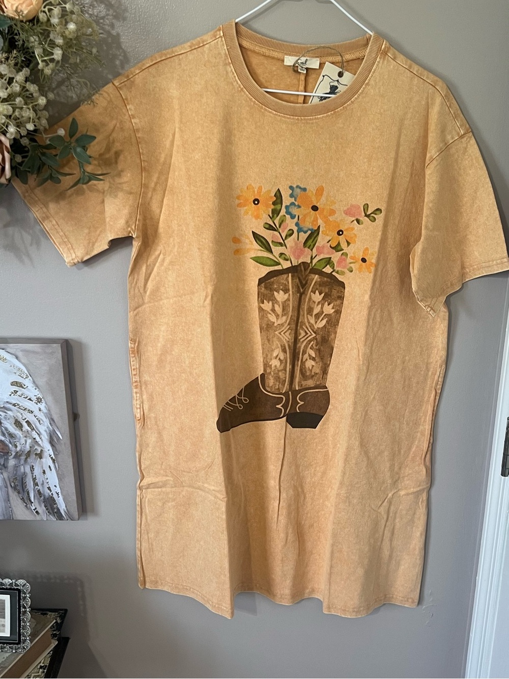 easel Washed Peach Crewneck Western T-Shirt Dress